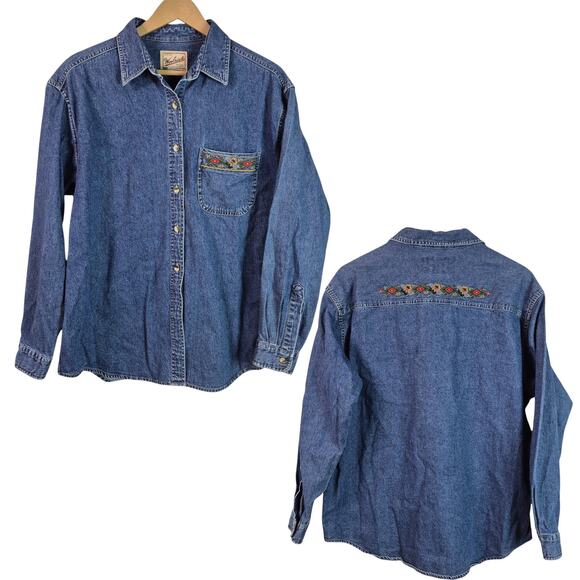 Woolrich Blue Denim Embroidered Floral Vintage Button Down Shirt Large - Picture 2 of 3